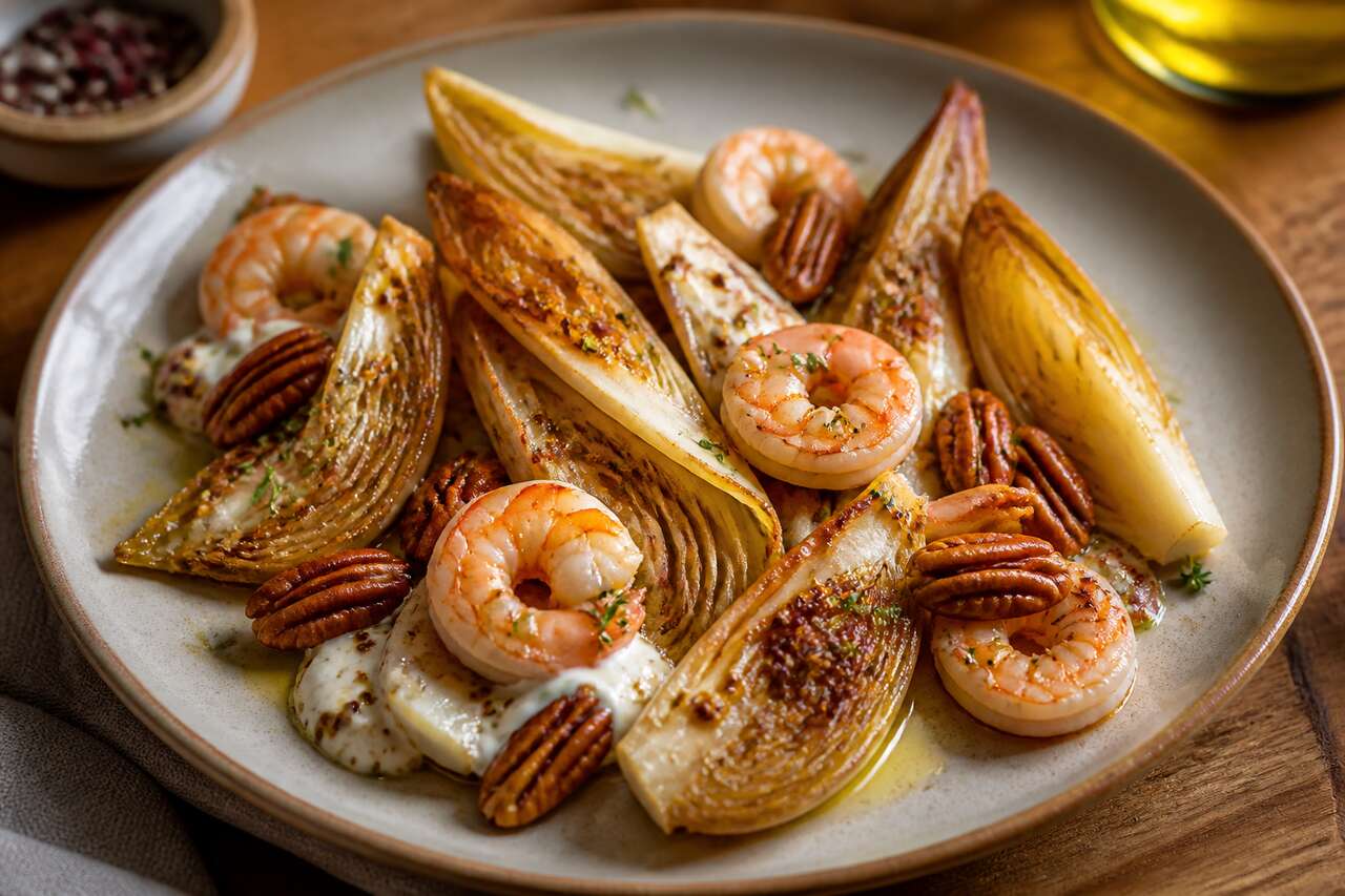 Salade d'endives tièdes, raifort, gambas et noix de pécan : une recette gourmande