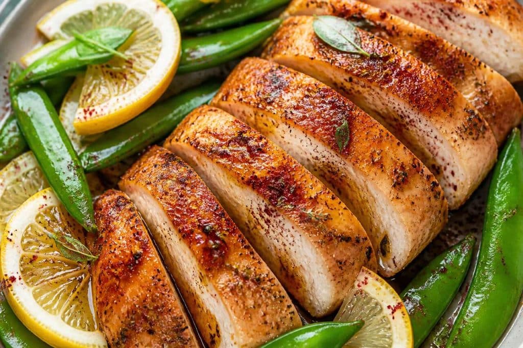 Poulet épicé au citron et pois gourmands à la provençale