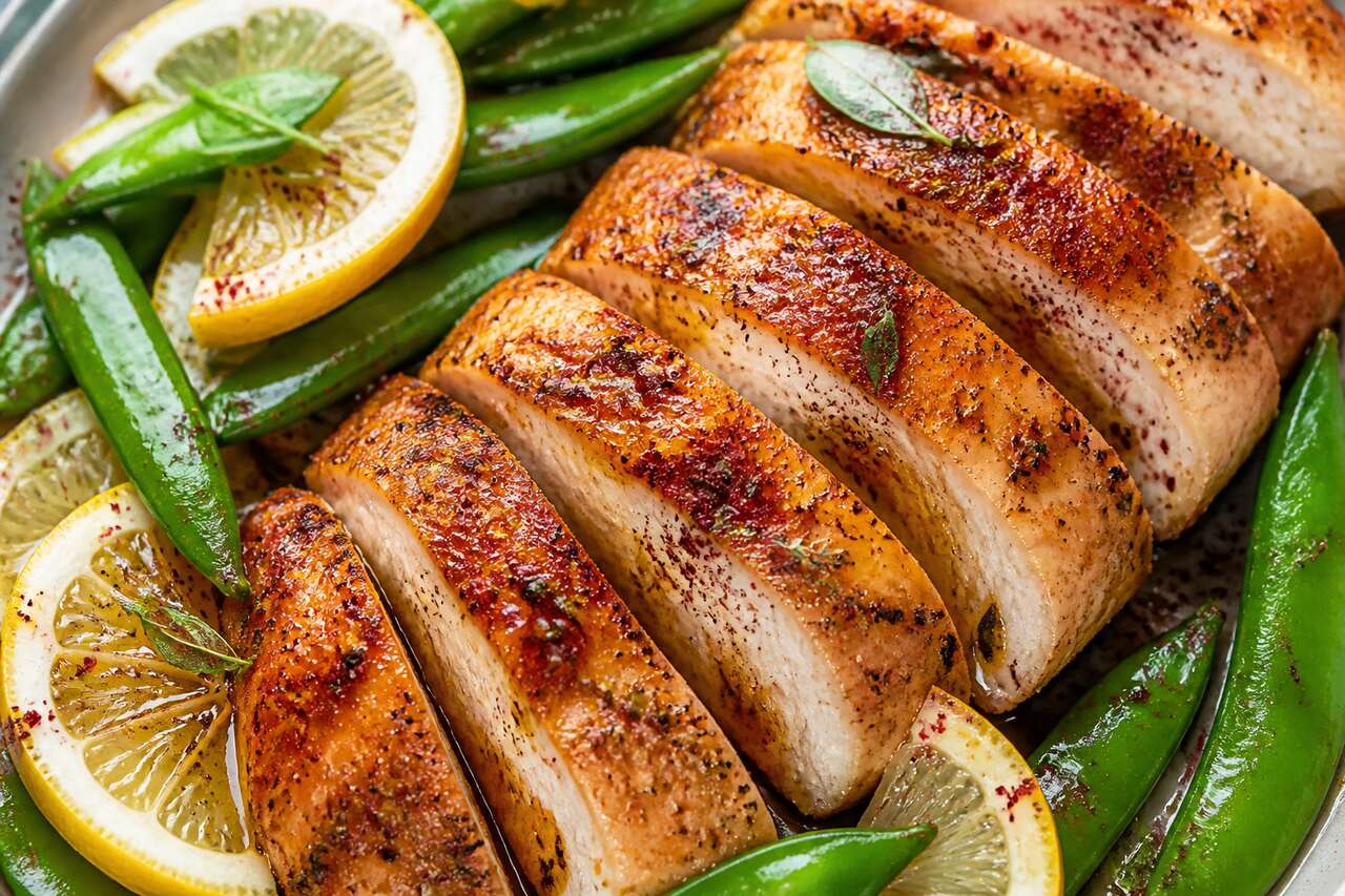 Poulet épicé au citron et pois gourmands à la provençale