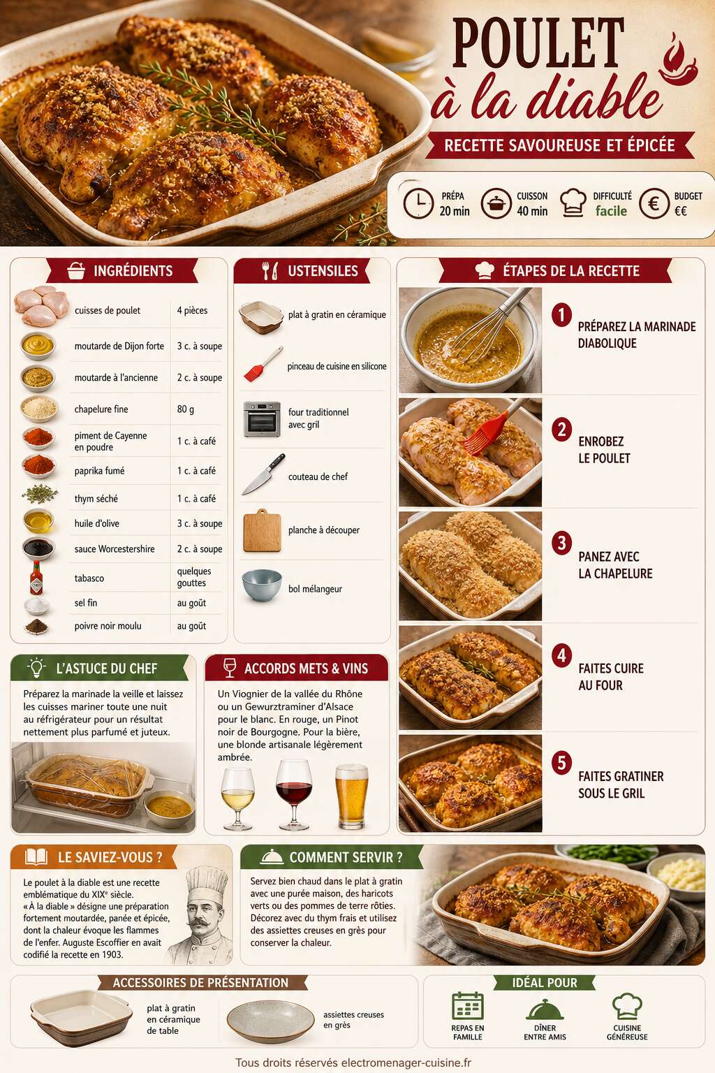Fiche recette Poulet &agrave; la diable : recette savoureuse et &eacute;pic&eacute;e