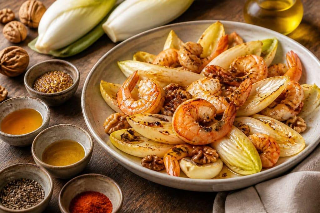 Salade d'endives tiède : gambas et noix savoureux