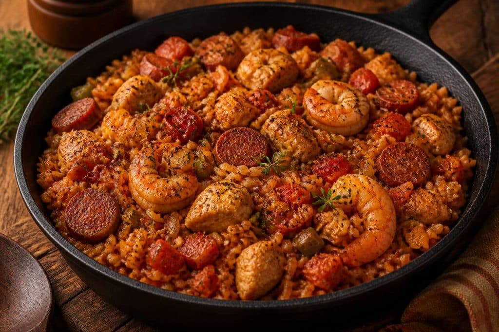 Recette de jambalaya : riz moelleux aux gambas et poulet