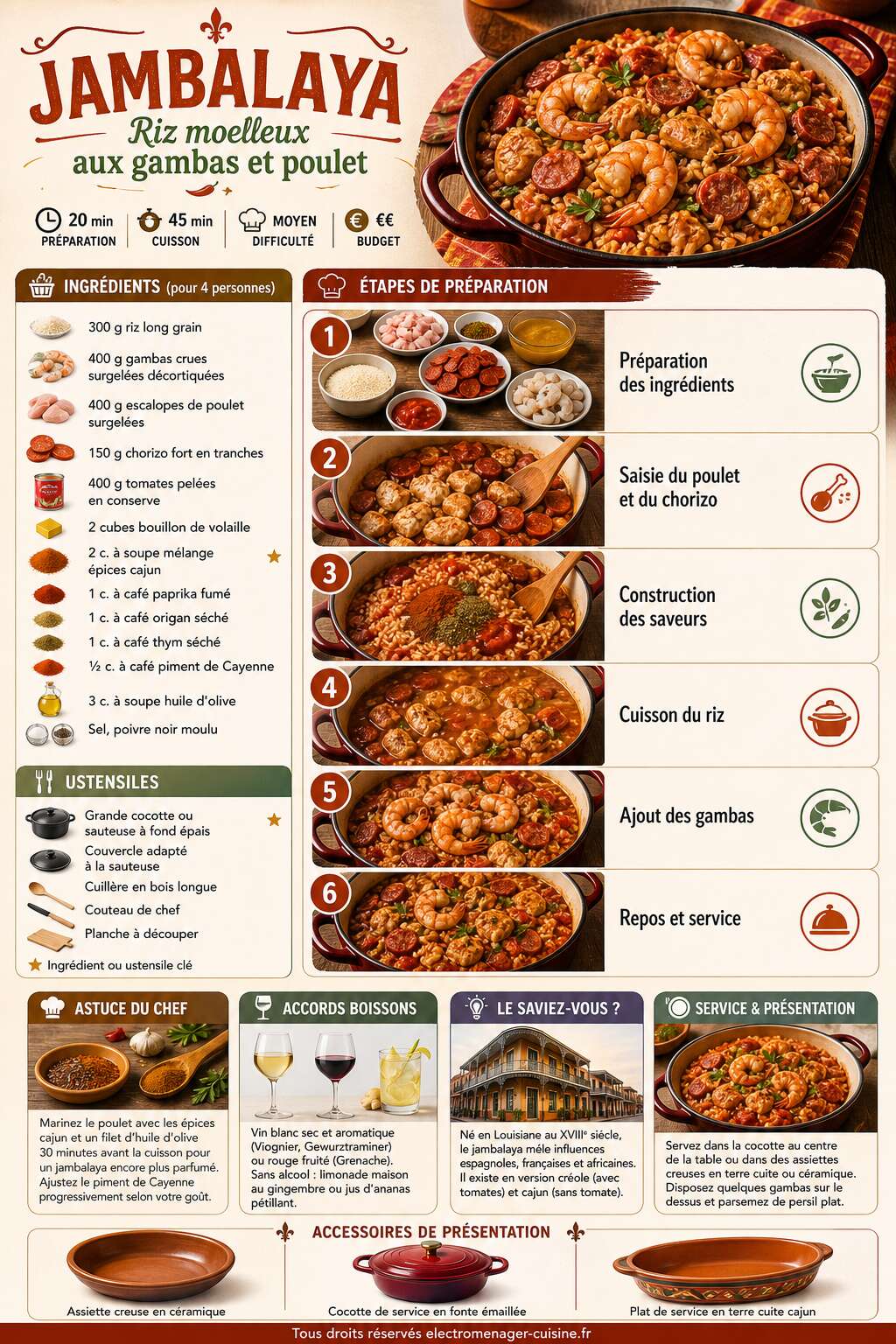 Fiche recette Recette de jambalaya : riz moelleux aux gambas et poulet
