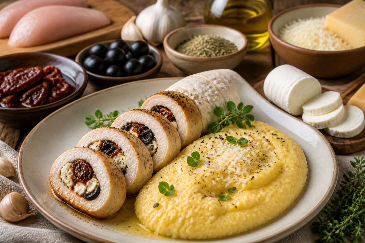 Ballottine de poulet provençale et polenta crémeuse : recette gourmande
