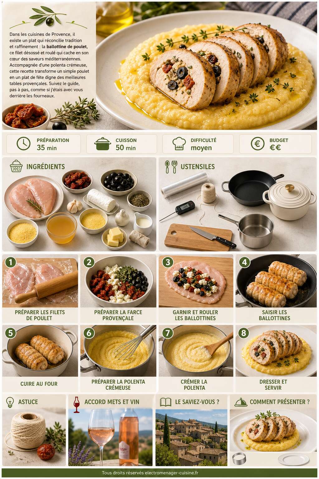 Fiche recette Ballottine de poulet proven&ccedil;ale et polenta cr&eacute;meuse : recette gourmande