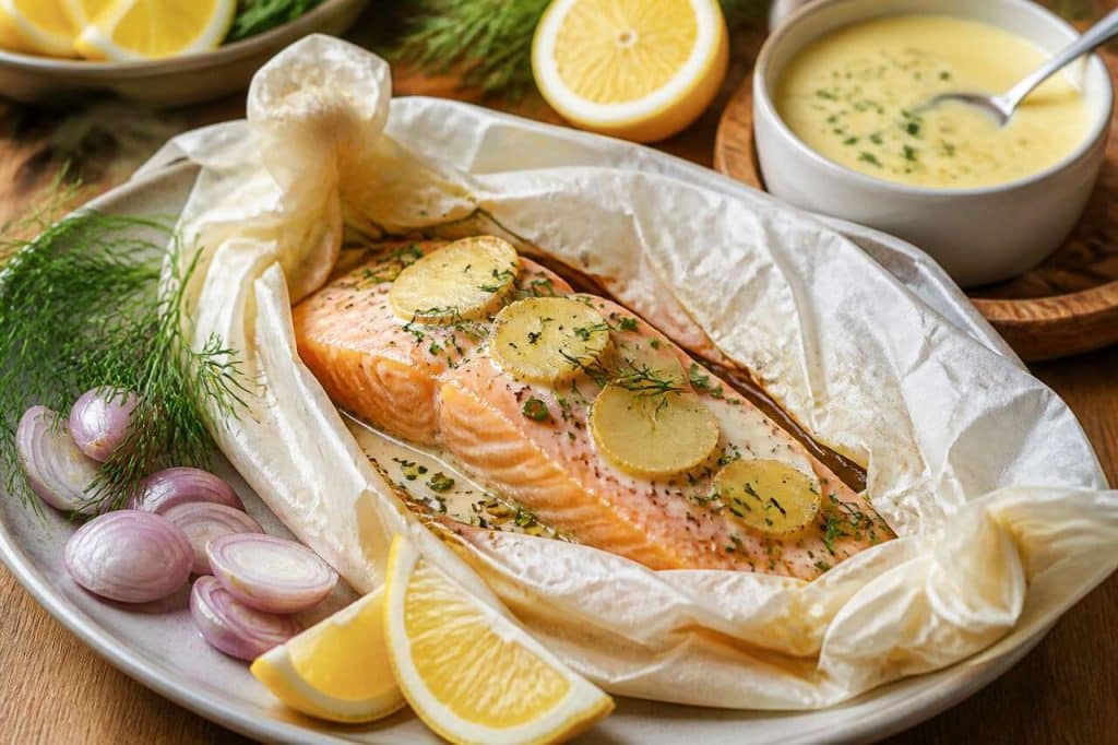 Saumon en papillote gingembre et beurre blanc : recette savoureuse
