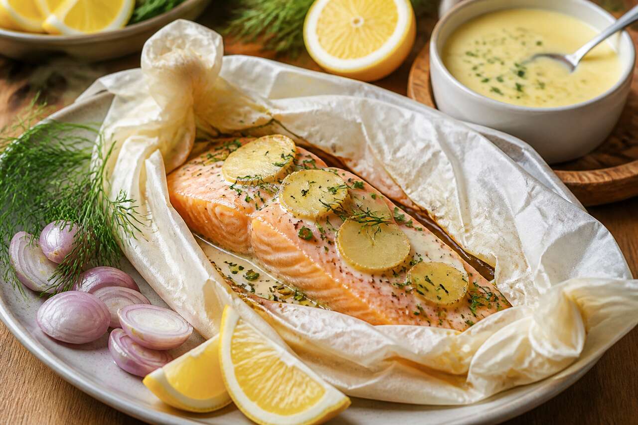 Saumon en papillote gingembre et beurre blanc : recette savoureuse