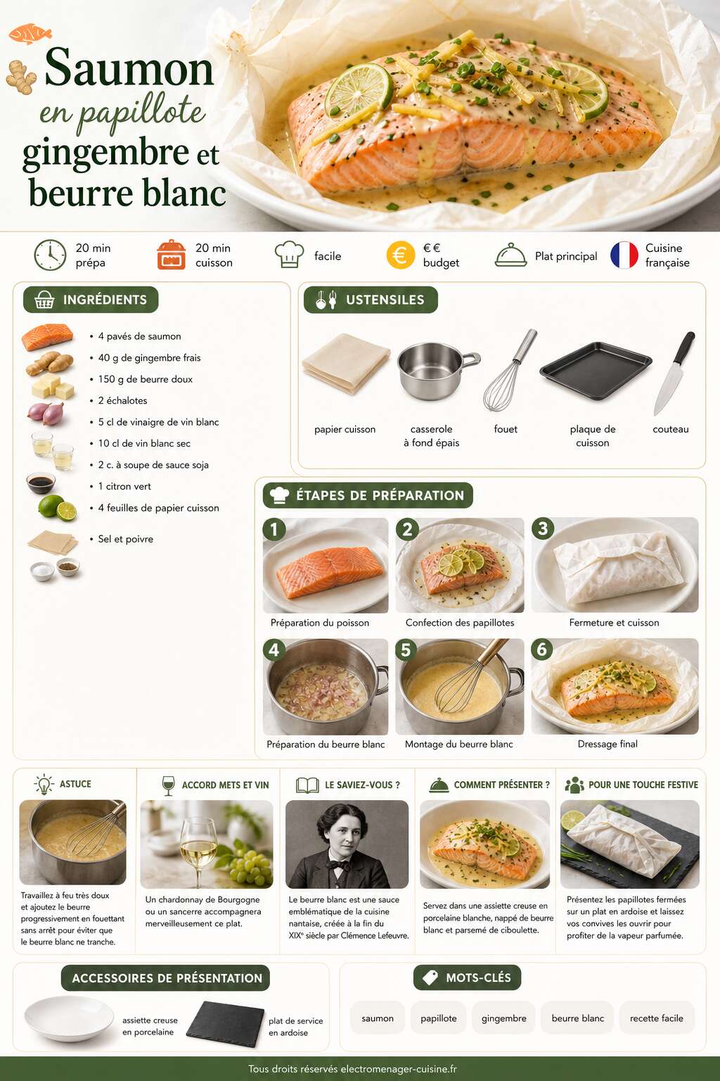 Fiche recette Saumon en papillote gingembre et beurre blanc : recette savoureuse Fiche recette Saumon en papillote gingembre et beurre blanc : recette savoureuse