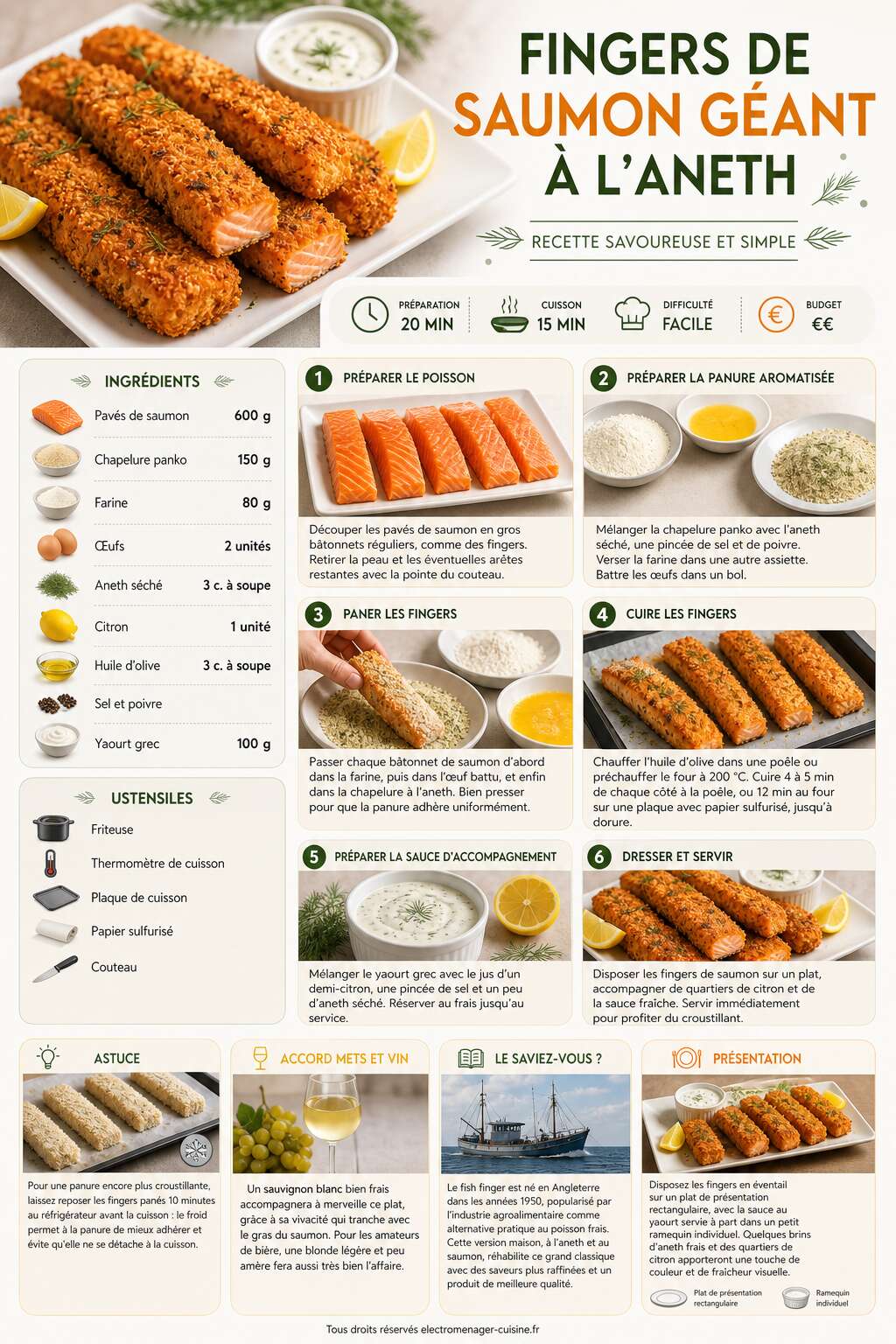 Fiche recette Fingers de saumon géant à l'aneth : recette savoureuse et simple Fiche recette Fingers de saumon géant à l'aneth : recette savoureuse et simple