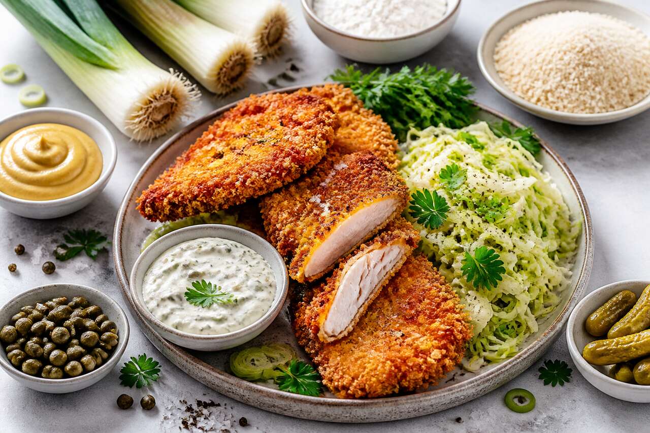 Poulet croustillant, salade de poireaux et sauce tartare