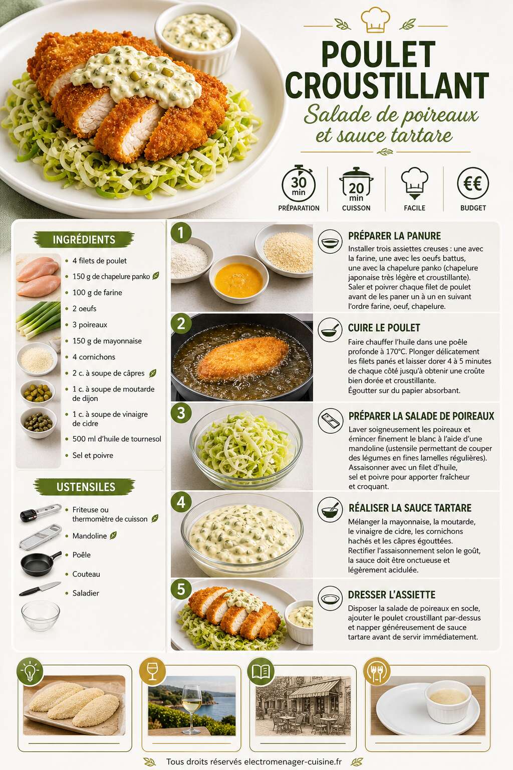 Fiche recette Poulet croustillant, salade de poireaux et sauce tartare