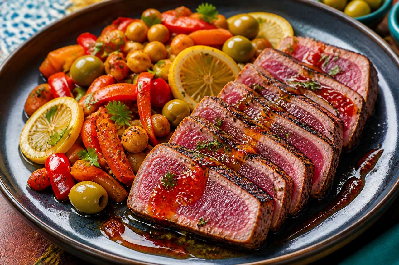Recette : longe de thon grillée et salade marocaine aux légumes épicés