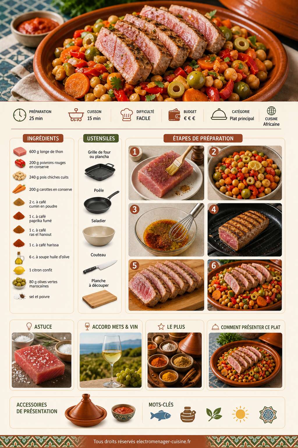 Fiche recette Recette : longe de thon grillée et salade marocaine aux légumes épicés Fiche recette Recette : longe de thon grillée et salade marocaine aux légumes épicés