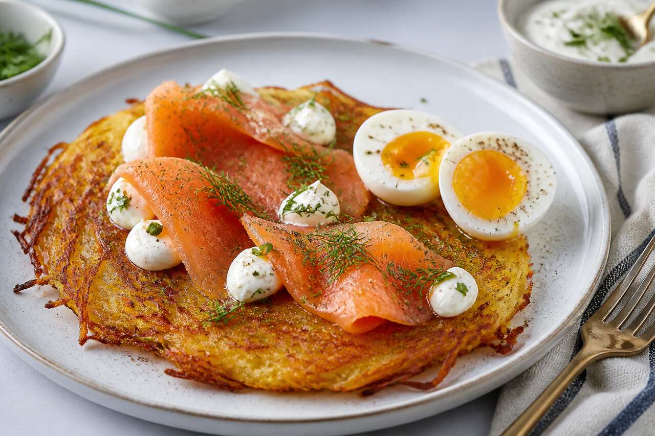 Recette de rösti de pommes de terre au saumon fumé et herbes