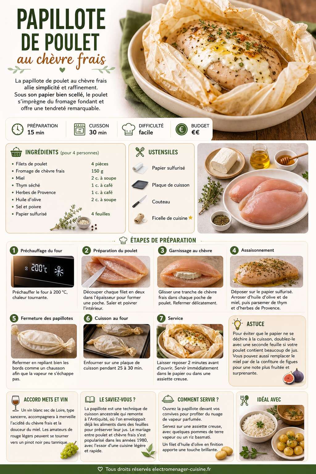 Fiche recette Papillote de poulet au chèvre frais : recette savoureuse et facile Fiche recette Papillote de poulet au chèvre frais : recette savoureuse et facile