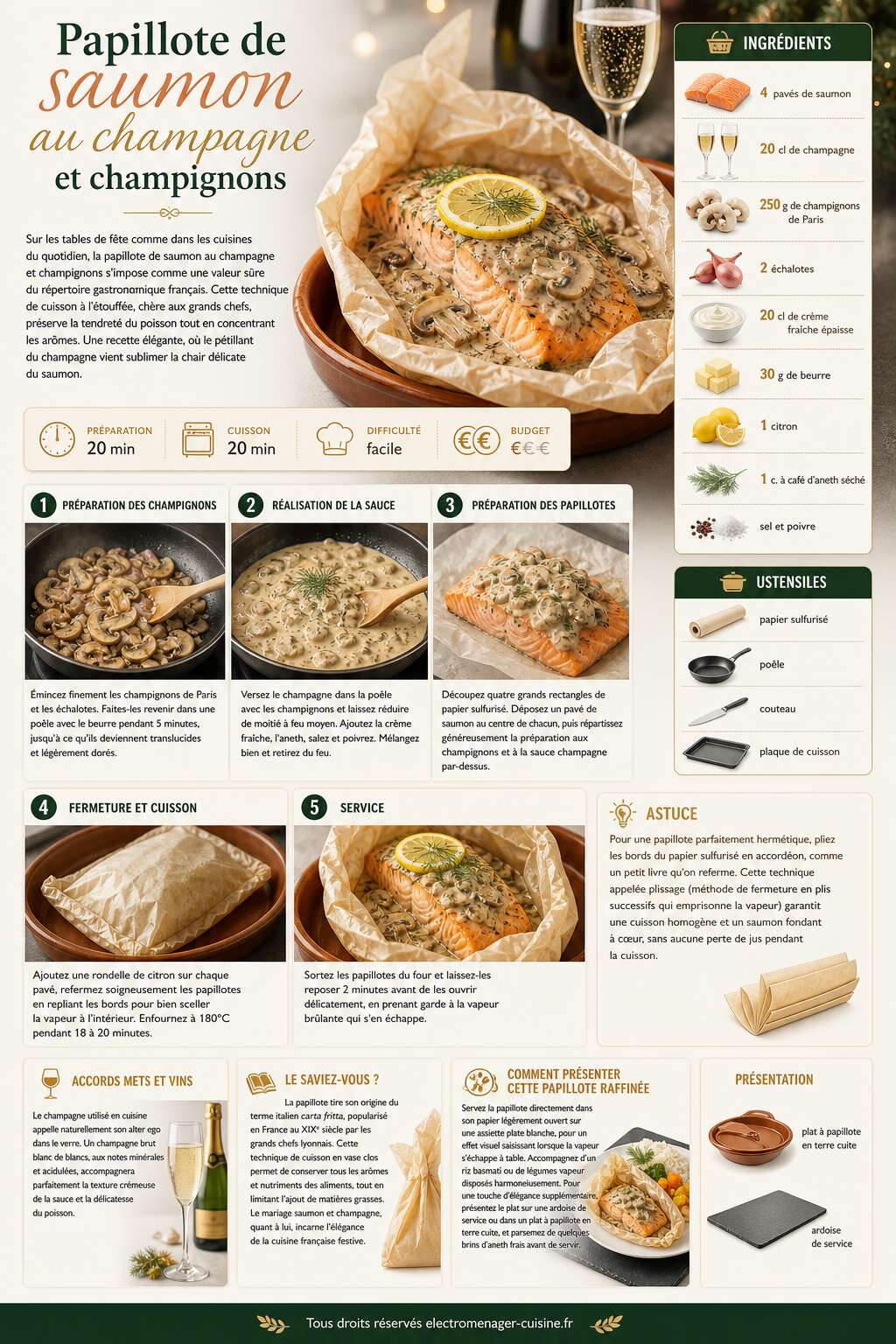 Fiche recette Papillote de saumon au champagne et champignons Fiche recette Papillote de saumon au champagne et champignons