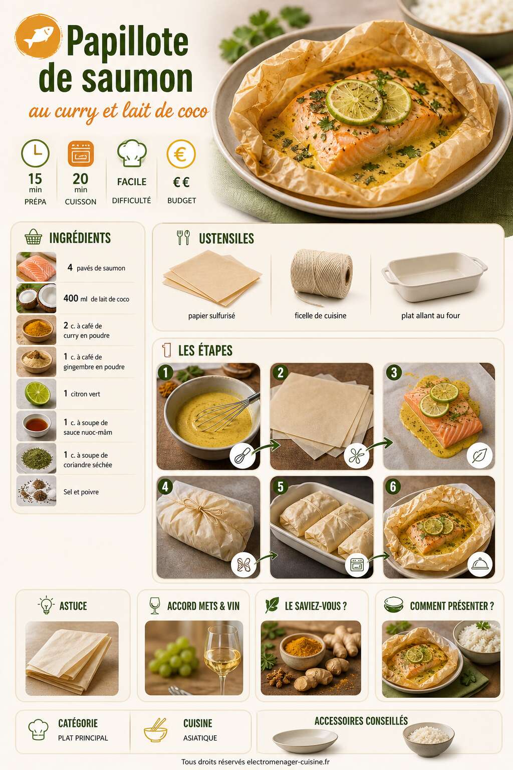 Fiche recette Papillote de saumon au curry et lait de coco Fiche recette Papillote de saumon au curry et lait de coco