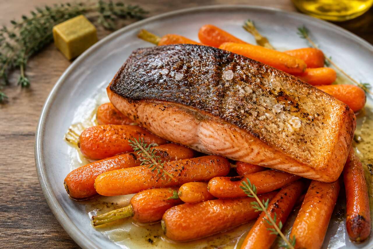 Saumon à l'unilatérale et carottes glacées au miel