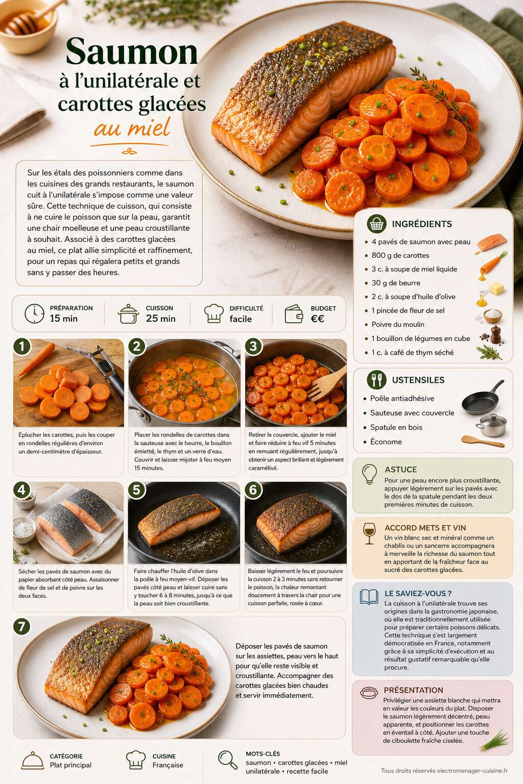 Fiche recette Saumon à l'unilatérale et carottes glacées au miel Fiche recette Saumon à l'unilatérale et carottes glacées au miel
