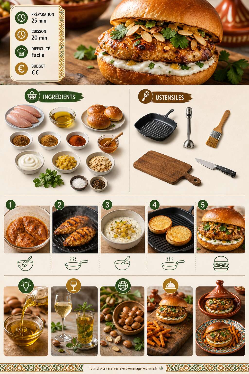 Fiche recette Burger de poulet à l'orientale : recette savoureuse à l'huile d'argan Fiche recette Burger de poulet à l'orientale : recette savoureuse à l'huile d'argan