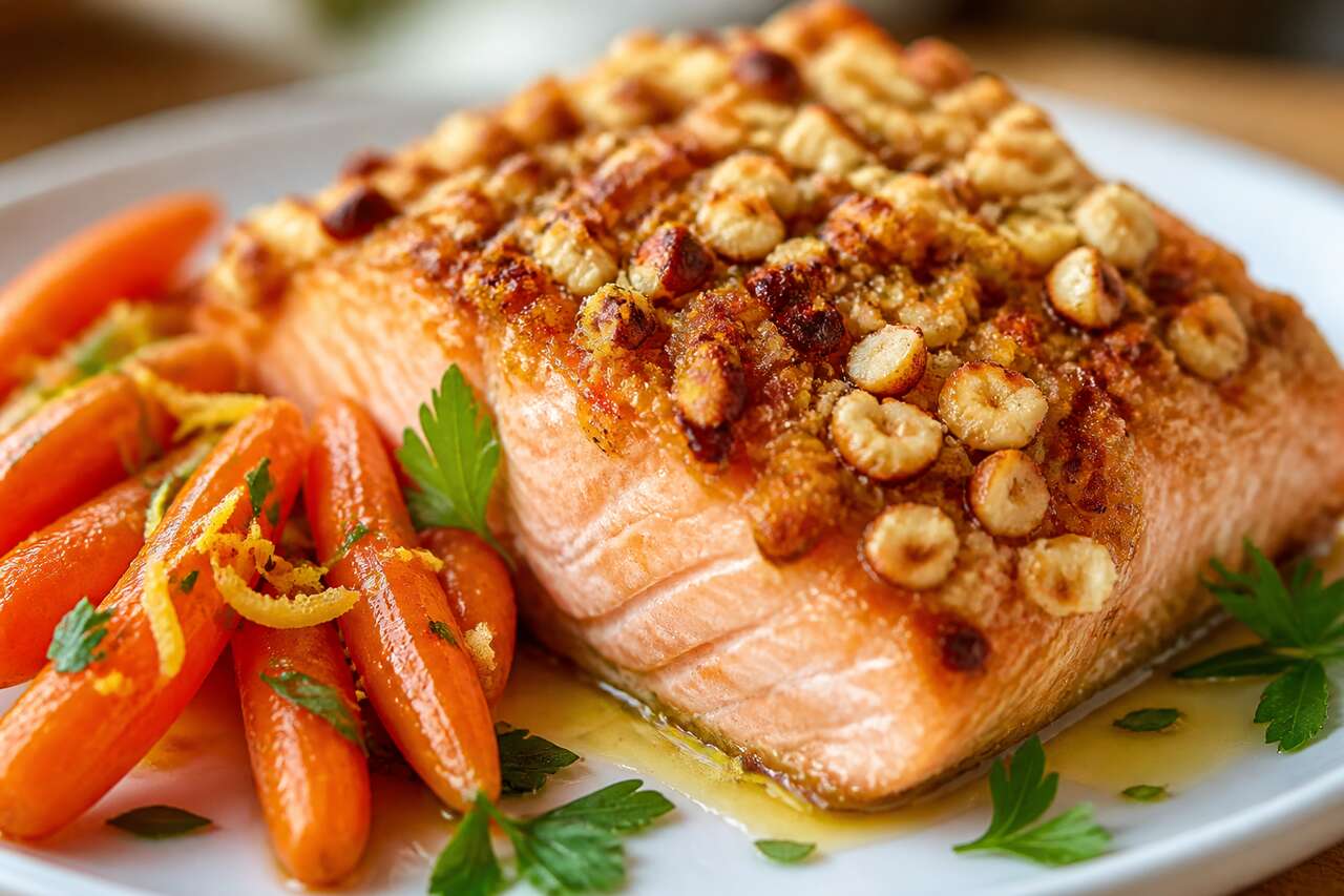 Pavé de saumon à la noisette : carottes fondantes au gingembre