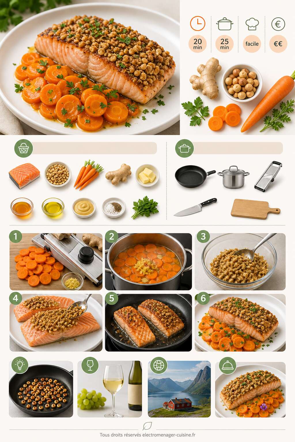 Fiche recette Pavé de saumon à la noisette : carottes fondantes au gingembre Fiche recette Pavé de saumon à la noisette : carottes fondantes au gingembre