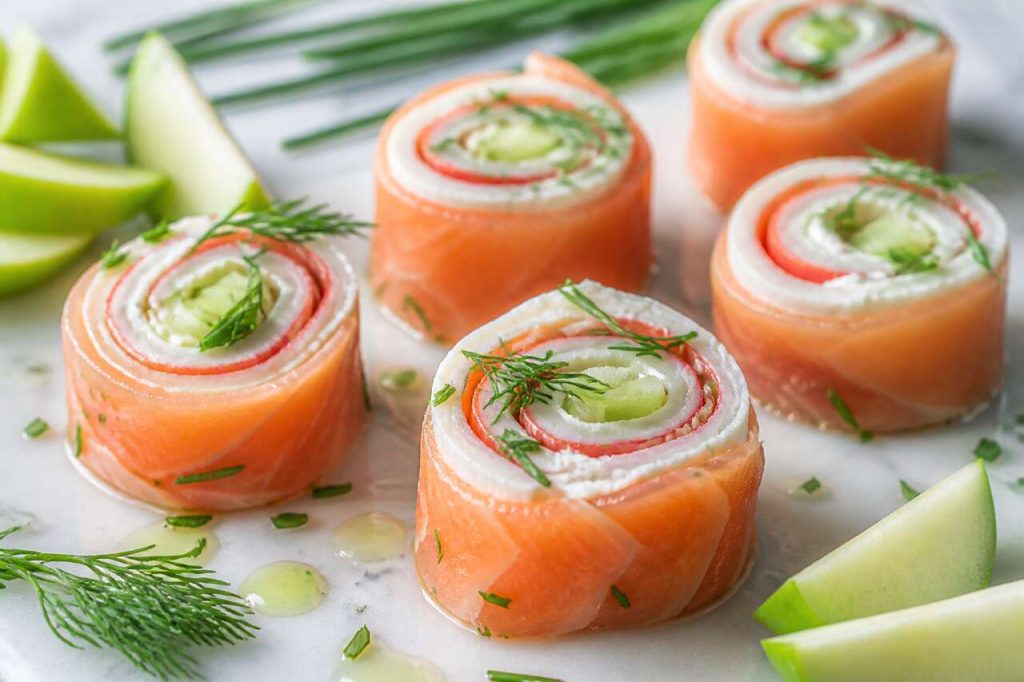 Mini-roulé de saumon fumé au surimi, herbes fraîches et pomme Granny Smith