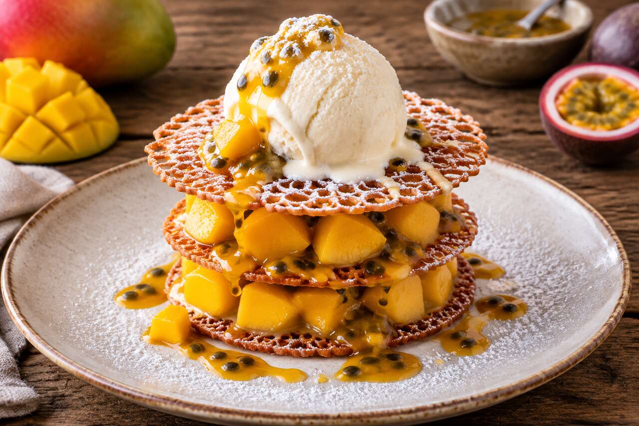 Millefeuille de tuiles dentelles : mangue, caramel passion et glace vanille