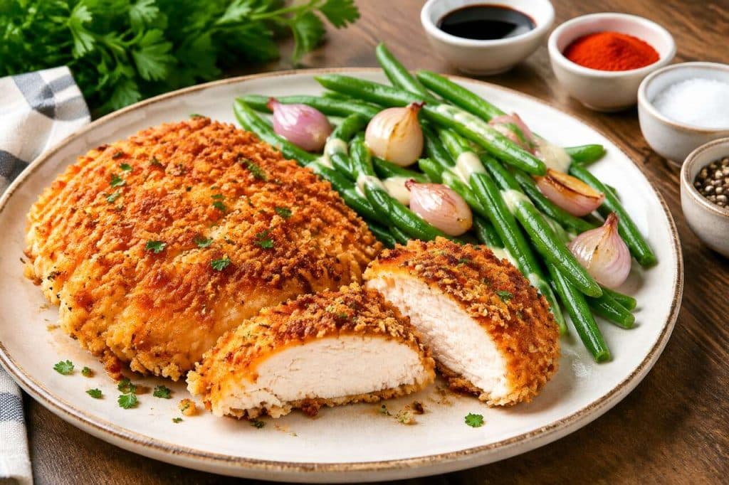 Poulet croustillant à la diable : recette avec fricassée de haricots verts