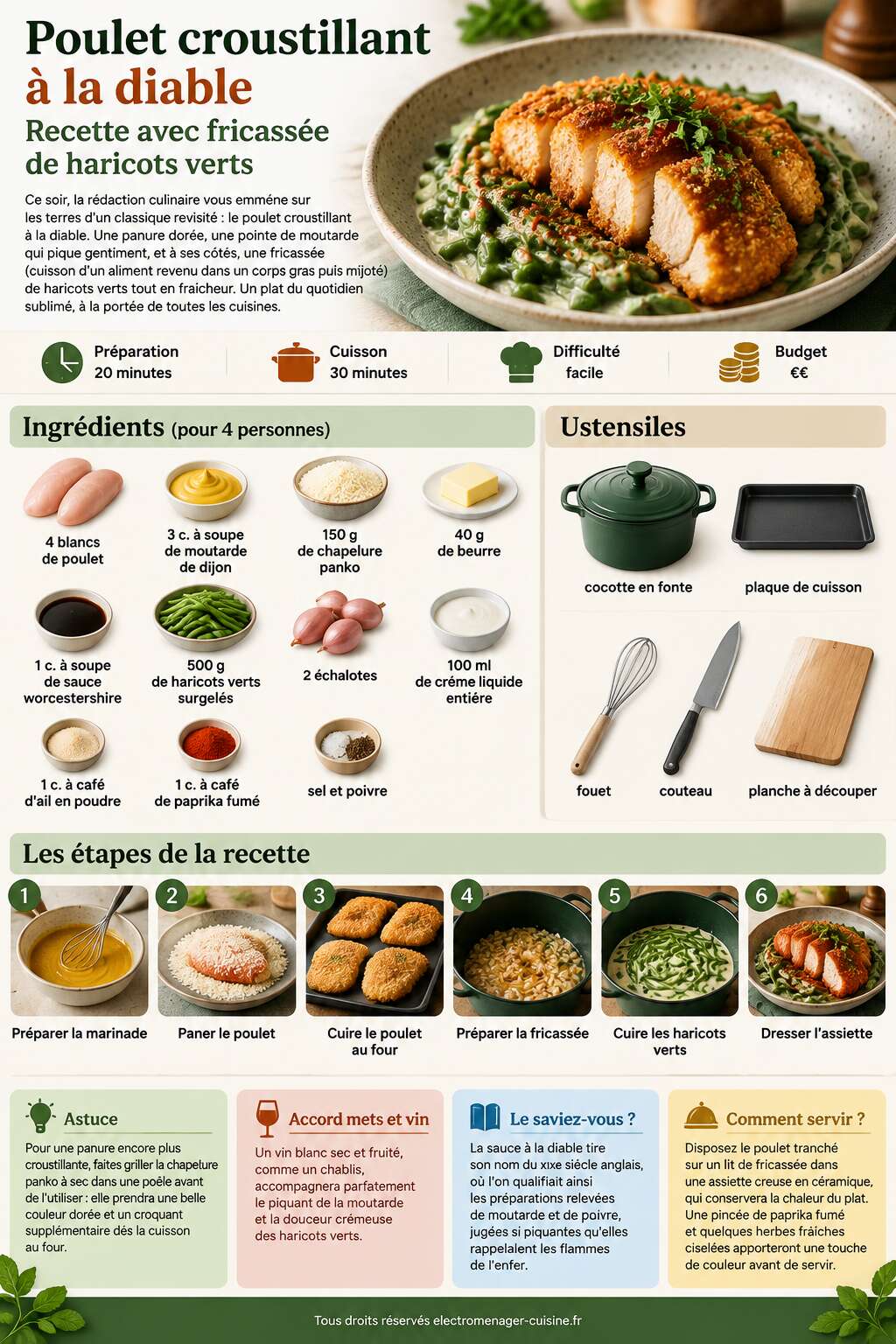 Fiche recette Poulet croustillant à la diable : recette avec fricassée de haricots verts Fiche recette Poulet croustillant à la diable : recette avec fricassée de haricots verts