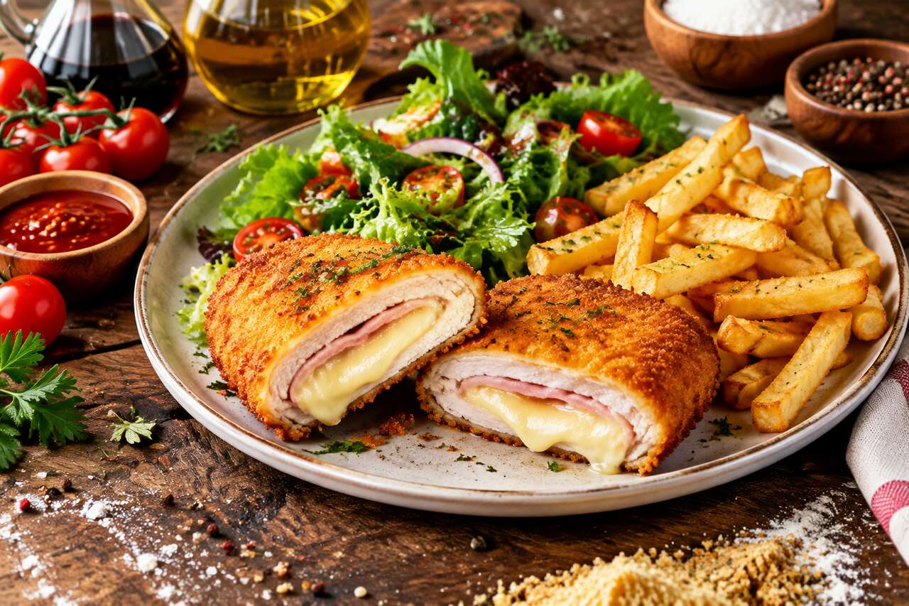 Recette de cordon bleu maison, frites et salade sauce piquante