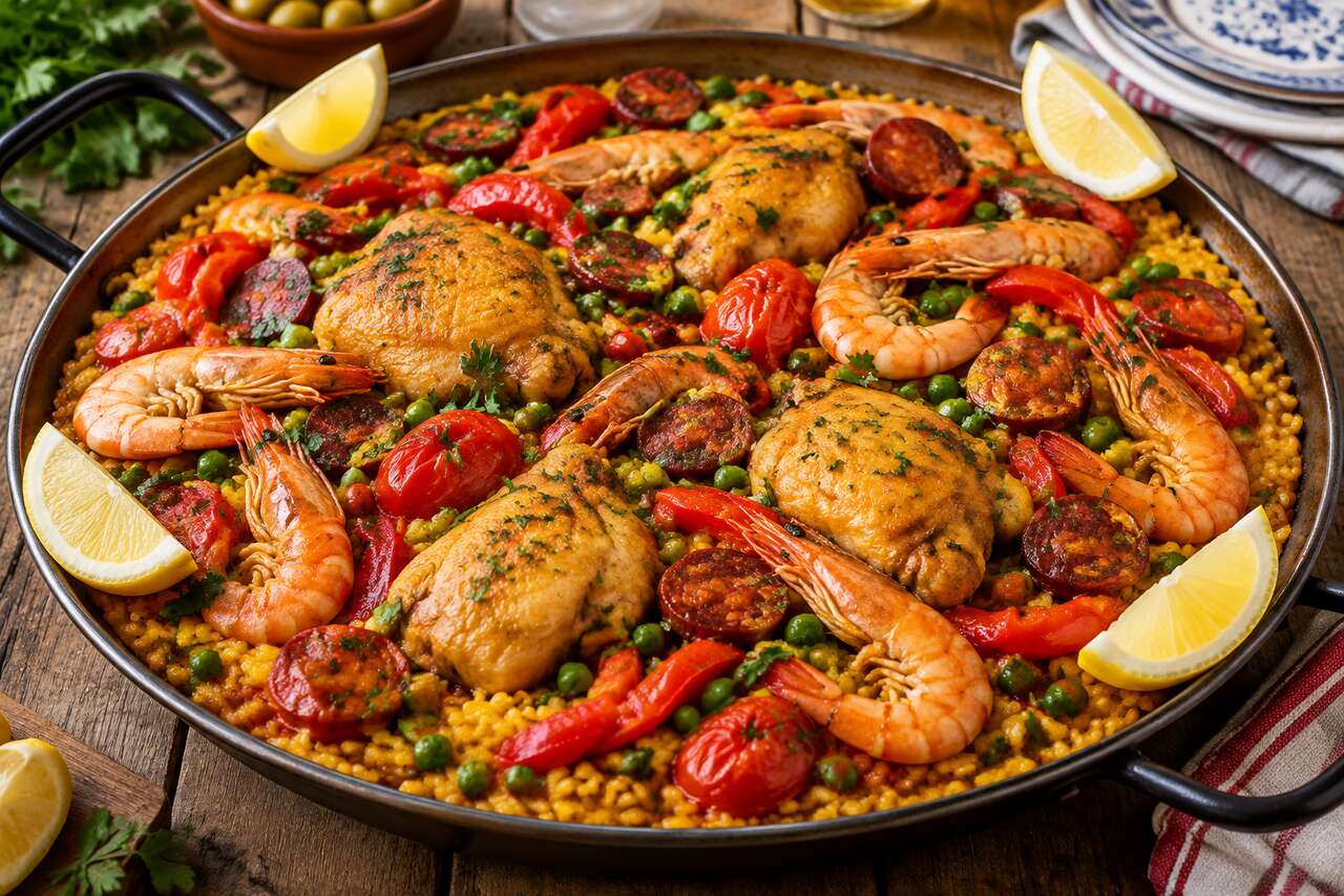 Recette de paella au poulet, gambas et chorizo